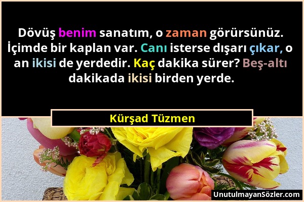 Kürşad Tüzmen - Dövüş benim sanatım, o zaman görürsünüz. İçimde bir kaplan var. Canı isterse dışarı çıkar, o an ikisi de yerdedir. Kaç dakika sürer? B...