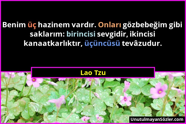 Lao Tzu - Benim üç hazinem vardır. Onları gözbebeğim gibi saklarım: birincisi sevgidir, ikincisi kanaatkarlıktır, üçüncüsü tevâzudur....