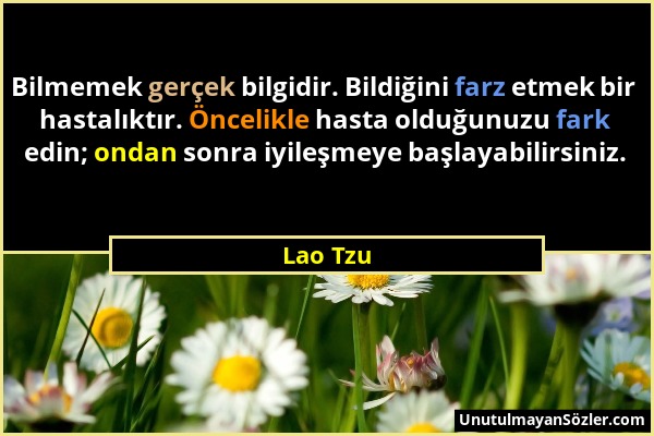 Lao Tzu - Bilmemek gerçek bilgidir. Bildiğini farz etmek bir hastalıktır. Öncelikle hasta olduğunuzu fark edin; ondan sonra iyileşmeye başlayabilirsin...