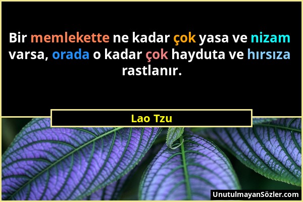 Lao Tzu - Bir memlekette ne kadar çok yasa ve nizam varsa, orada o kadar çok hayduta ve hırsıza rastlanır....