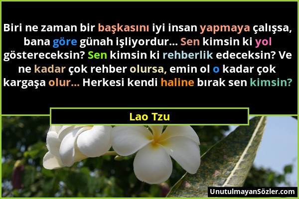 Lao Tzu - Biri ne zaman bir başkasını iyi insan yapmaya çalışsa, bana göre günah işliyordur... Sen kimsin ki yol göstereceksin? Sen kimsin ki rehberli...