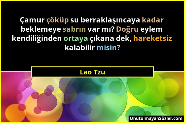 Lao Tzu - Çamur çöküp su berraklaşıncaya kadar beklemeye sabrın var mı? Doğru eylem kendiliğinden ortaya çıkana dek, hareketsiz kalabilir misin?...