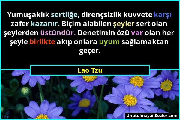 Lao Tzu - Yumuşaklık sertliğe, dirençsizlik kuvvete karşı zafer kazanır. Biçim alabilen şeyler sert olan şeylerden üstündür. Denetimin özü var olan he...