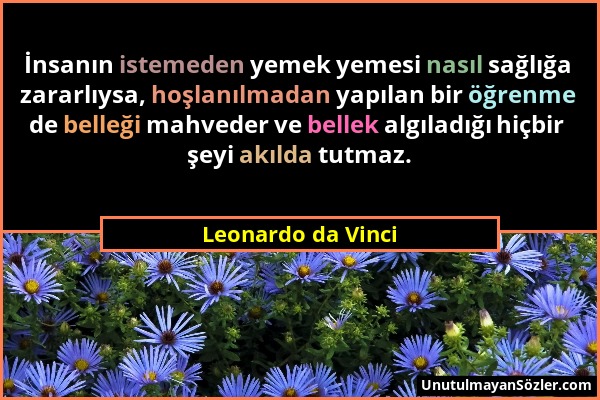 Leonardo da Vinci - İnsanın istemeden yemek yemesi nasıl sağlığa zararlıysa, hoşlanılmadan yapılan bir öğrenme de belleği mahveder ve bellek algıladığ...