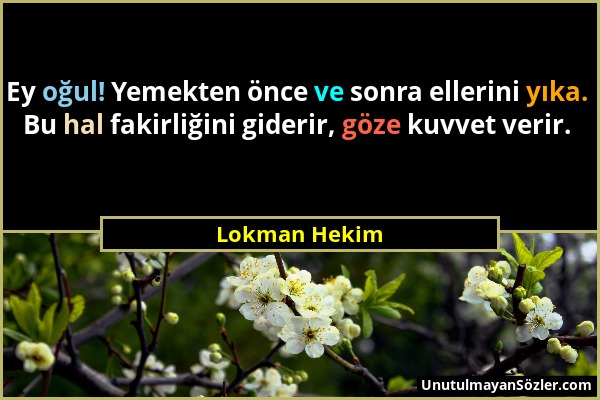 Lokman Hekim - Ey oğul! Yemekten önce ve sonra ellerini yıka. Bu hal fakirliğini giderir, göze kuvvet verir....