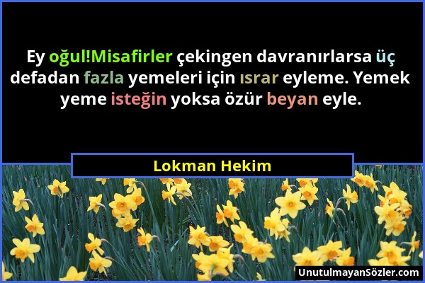 Lokman Hekim - Ey oğul!Misafirler çekingen davranırlarsa üç defadan fazla yemeleri için ısrar eyleme. Yemek yeme isteğin yoksa özür beyan eyle....