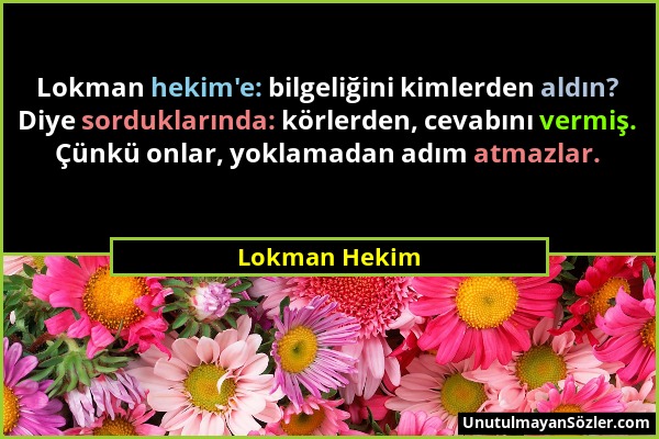 Lokman Hekim - Lokman hekim'e: bilgeliğini kimlerden aldın? Diye sorduklarında: körlerden, cevabını vermiş. Çünkü onlar, yoklamadan adım atmazlar....