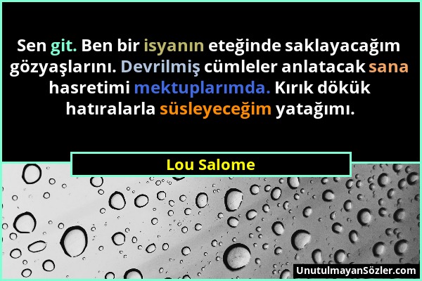 Lou Salome - Sen git. Ben bir isyanın eteğinde saklayacağım gözyaşlarını. Devrilmiş cümleler anlatacak sana hasretimi mektuplarımda. Kırık dökük hatır...