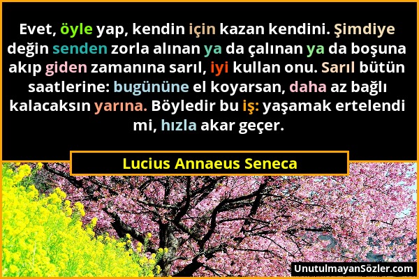 Lucius Annaeus Seneca - Evet, öyle yap, kendin için kazan kendini. Şimdiye değin senden zorla alınan ya da çalınan ya da boşuna akıp giden zamanına sa...