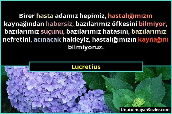 Lucretius - Birer hasta adamız hepimiz, hastalığımızın kaynağından habersiz, bazılarımız öfkesini bilmiyor, bazılarımız suçunu, bazılarımız hatasını,...
