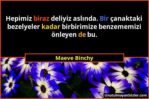 Maeve Binchy - Hepimiz biraz deliyiz aslında. Bir çanaktaki bezelyeler kadar birbirimize benzememizi önleyen de bu....