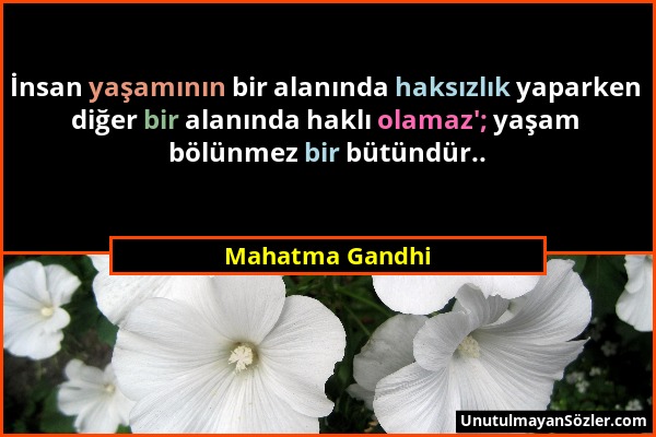 Mahatma Gandhi - İnsan yaşamının bir alanında haksızlık yaparken diğer bir alanında haklı olamaz'; yaşam bölünmez bir bütündür.....