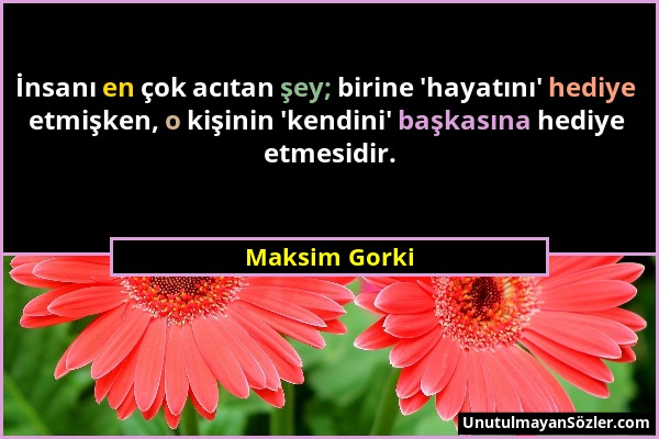 Maksim Gorki - İnsanı en çok acıtan şey; birine 'hayatını' hediye etmişken, o kişinin 'kendini' başkasına hediye etmesidir....