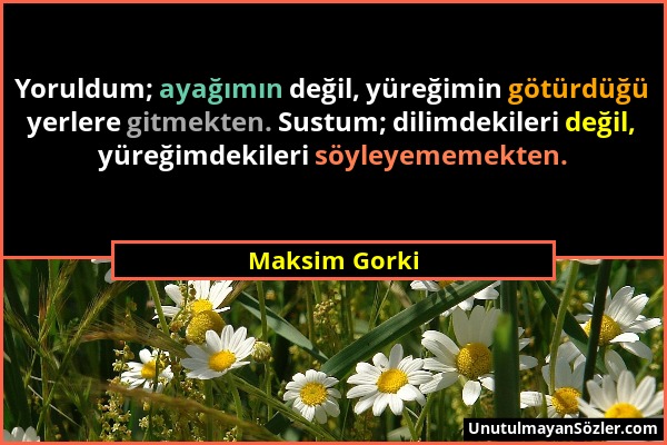 Maksim Gorki - Yoruldum; ayağımın değil, yüreğimin götürdüğü yerlere gitmekten. Sustum; dilimdekileri değil, yüreğimdekileri söyleyememekten....