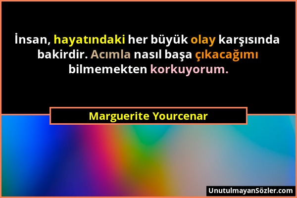 Marguerite Yourcenar - İnsan, hayatındaki her büyük olay karşısında bakirdir. Acımla nasıl başa çıkacağımı bilmemekten korkuyorum....