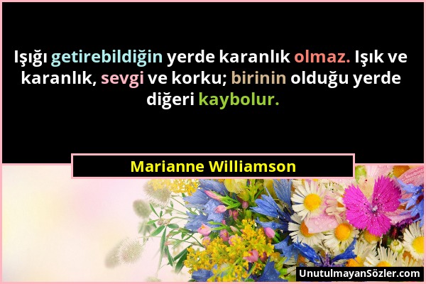 Marianne Williamson - Işığı getirebildiğin yerde karanlık olmaz. Işık ve karanlık, sevgi ve korku; birinin olduğu yerde diğeri kaybolur....