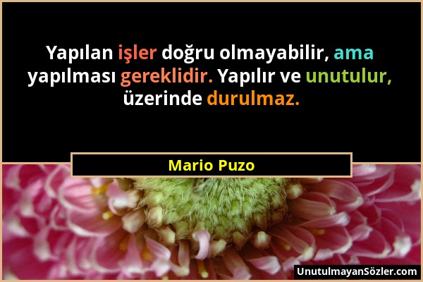 Mario Puzo - Yapılan işler doğru olmayabilir, ama yapılması gereklidir. Yapılır ve unutulur, üzerinde durulmaz....