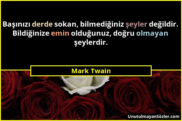 Mark Twain - Başınızı derde sokan, bilmediğiniz şeyler değildir. Bildiğinize emin olduğunuz, doğru olmayan şeylerdir....