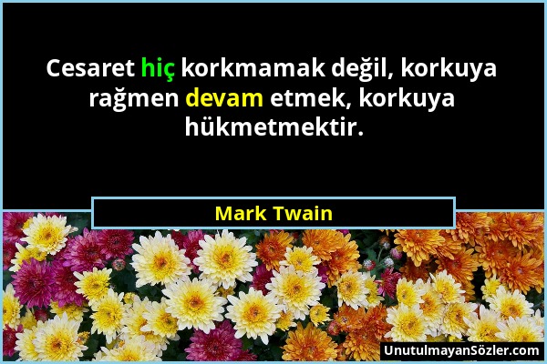 Mark Twain - Cesaret hiç korkmamak değil, korkuya rağmen devam etmek, korkuya hükmetmektir....