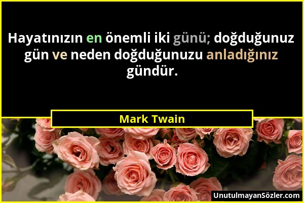 Mark Twain - Hayatınızın en önemli iki günü; doğduğunuz gün ve neden doğduğunuzu anladığınız gündür....
