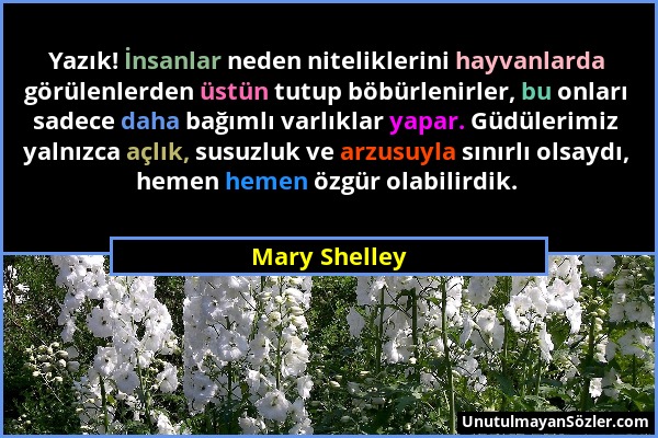 Mary Shelley - Yazık! İnsanlar neden niteliklerini hayvanlarda görülenlerden üstün tutup böbürlenirler, bu onları sadece daha bağımlı varlıklar yapar....