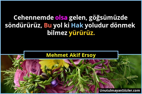 Mehmet Akif Ersoy - Cehennemde olsa gelen, göğsümüzde söndürürüz, Bu yol ki Hak yoludur dönmek bilmez yürürüz....