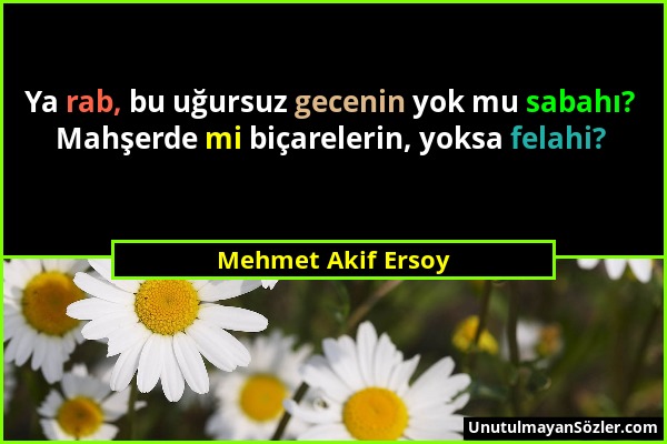 Mehmet Akif Ersoy - Ya rab, bu uğursuz gecenin yok mu sabahı? Mahşerde mi biçarelerin, yoksa felahi?...