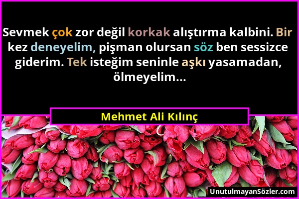 Mehmet Ali Kılınç - Sevmek çok zor değil korkak alıştırma kalbini. Bir kez deneyelim, pişman olursan söz ben sessizce giderim. Tek isteğim seninle aşk...