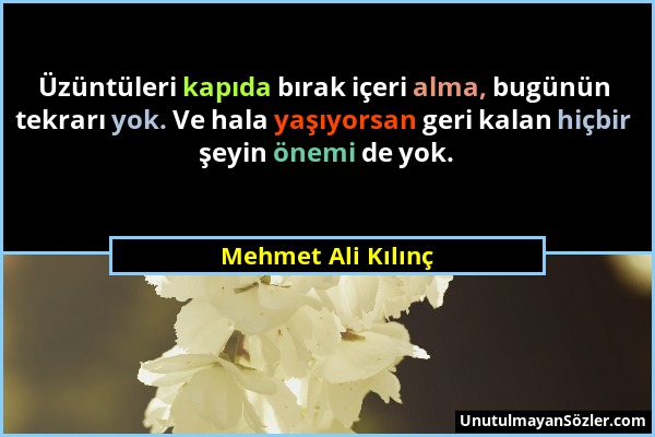 Mehmet Ali Kılınç - Üzüntüleri kapıda bırak içeri alma, bugünün tekrarı yok. Ve hala yaşıyorsan geri kalan hiçbir şeyin önemi de yok....