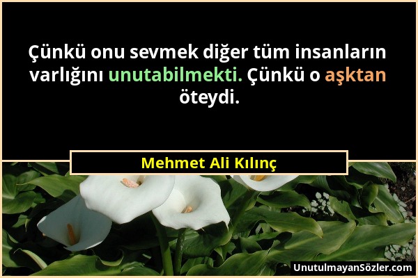 Mehmet Ali Kılınç - Çünkü onu sevmek diğer tüm insanların varlığını unutabilmekti. Çünkü o aşktan öteydi....