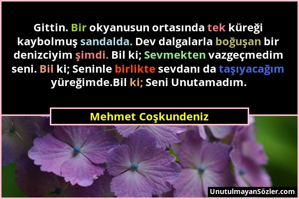 Mehmet Coşkundeniz - Gittin. Bir okyanusun ortasında tek küreği kaybolmuş sandalda. Dev dalgalarla boğuşan bir denizciyim şimdi. Bil ki; Sevmekten vaz...