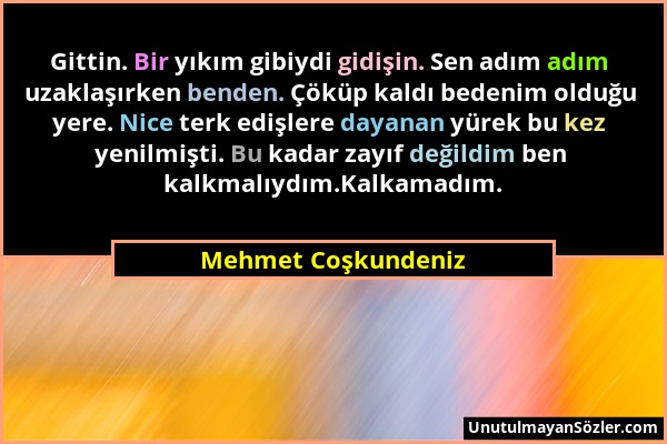 Mehmet Coşkundeniz - Gittin. Bir yıkım gibiydi gidişin. Sen adım adım uzaklaşırken benden. Çöküp kaldı bedenim olduğu yere. Nice terk edişlere dayanan...