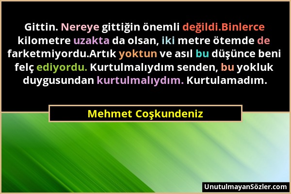 Mehmet Coşkundeniz - Gittin. Nereye gittiğin önemli değildi.Binlerce kilometre uzakta da olsan, iki metre ötemde de farketmiyordu.Artık yoktun ve asıl...