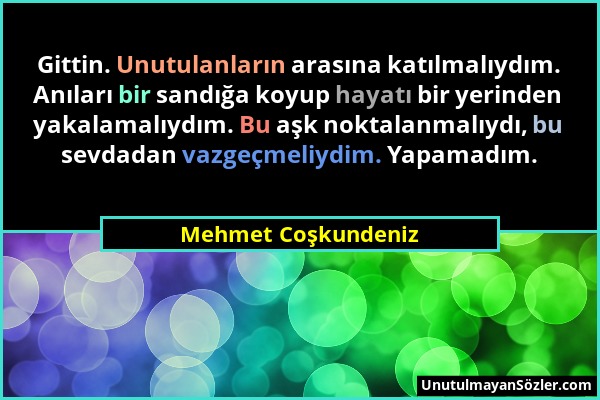 Mehmet Coşkundeniz - Gittin. Unutulanların arasına katılmalıydım. Anıları bir sandığa koyup hayatı bir yerinden yakalamalıydım. Bu aşk noktalanmalıydı...