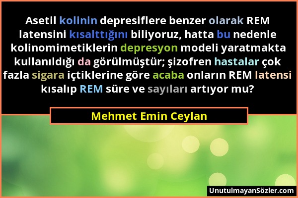 Mehmet Emin Ceylan - Asetil kolinin depresiflere benzer olarak REM latensini kısalttığını biliyoruz, hatta bu nedenle kolinomimetiklerin depresyon mod...