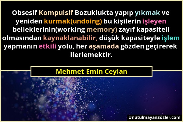 Mehmet Emin Ceylan - Obsesif Kompulsif Bozuklukta yapıp yıkmak ve yeniden kurmak(undoing) bu kişilerin işleyen belleklerinin(working memory) zayıf kap...