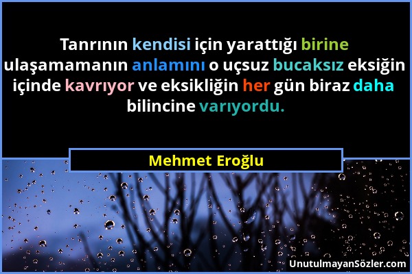 Mehmet Eroğlu - Tanrının kendisi için yarattığı birine ulaşamamanın anlamını o uçsuz bucaksız eksiğin içinde kavrıyor ve eksikliğin her gün biraz daha...