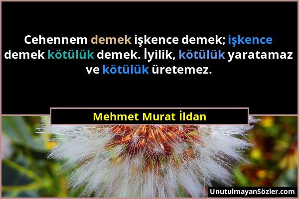 Mehmet Murat İldan - Cehennem demek işkence demek; işkence demek kötülük demek. İyilik, kötülük yaratamaz ve kötülük üretemez....