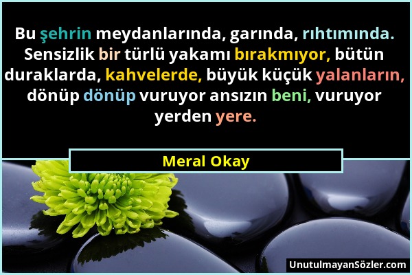 Meral Okay - Bu şehrin meydanlarında, garında, rıhtımında. Sensizlik bir türlü yakamı bırakmıyor, bütün duraklarda, kahvelerde, büyük küçük yalanların...