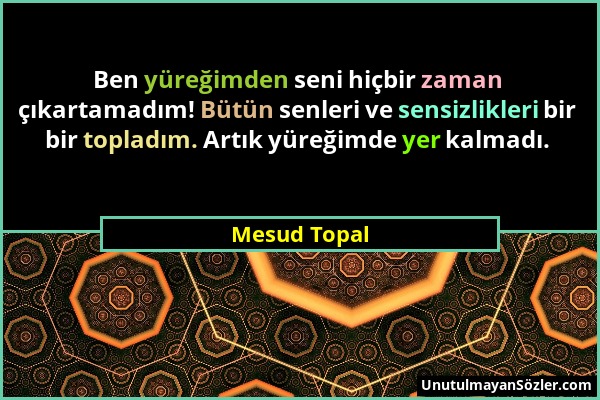 Mesud Topal - Ben yüreğimden seni hiçbir zaman çıkartamadım! Bütün senleri ve sensizlikleri bir bir topladım. Artık yüreğimde yer kalmadı....