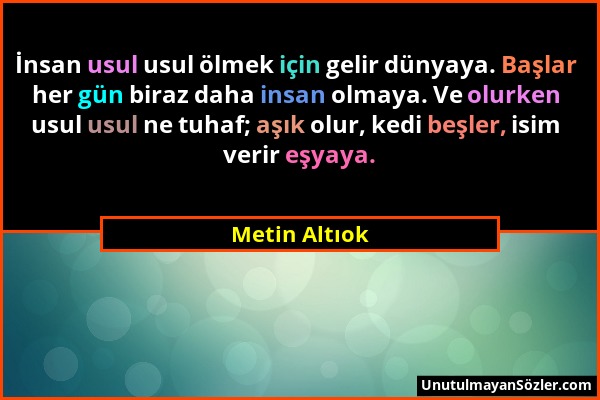 Metin Altıok - İnsan usul usul ölmek için gelir dünyaya. Başlar her gün biraz daha insan olmaya. Ve olurken usul usul ne tuhaf; aşık olur, kedi beşler...