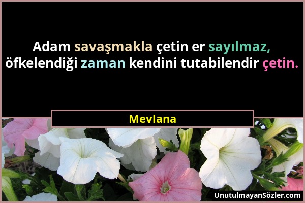 Mevlana - Adam savaşmakla çetin er sayılmaz, öfkelendiği zaman kendini tutabilendir çetin....