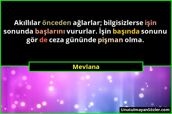 Mevlana - Akıllılar önceden ağlarlar; bilgisizlerse işin sonunda başlarını vururlar. İşin başında sonunu gör de ceza gününde pişman olma....