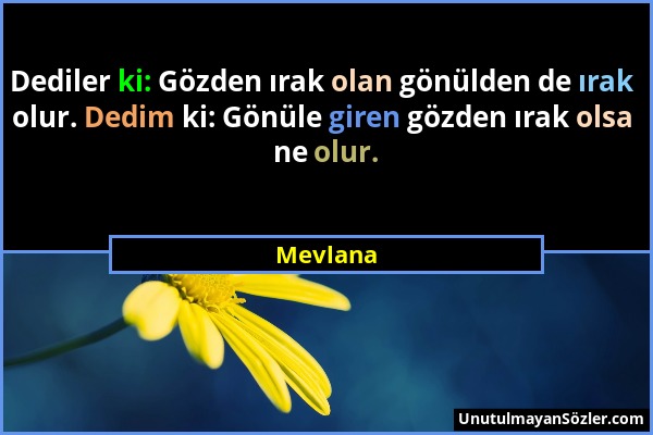 Mevlana - Dediler ki: Gözden ırak olan gönülden de ırak olur. Dedim ki: Gönüle giren gözden ırak olsa ne olur....