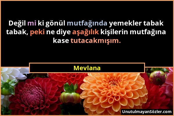 Mevlana - Değil mi ki gönül mutfağında yemekler tabak tabak, peki ne diye aşağılık kişilerin mutfağına kase tutacakmışım....