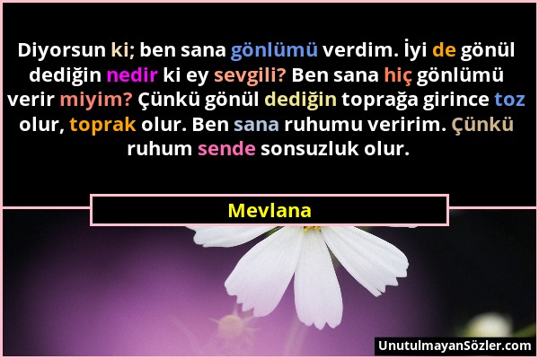 Mevlana - Diyorsun ki; ben sana gönlümü verdim. İyi de gönül dediğin nedir ki ey sevgili? Ben sana hiç gönlümü verir miyim? Çünkü gönül dediğin toprağ...