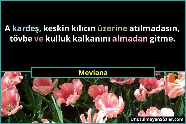 Mevlana - A kardeş, keskin kılıcın üzerine atılmadasın, tövbe ve kulluk kalkanını almadan gitme....