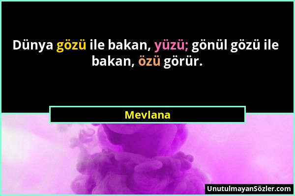 Mevlana - Dünya gözü ile bakan, yüzü; gönül gözü ile bakan, özü görür....