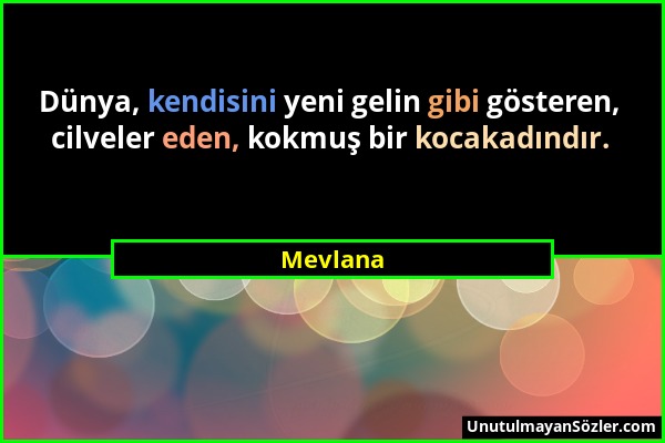 Mevlana - Dünya, kendisini yeni gelin gibi gösteren, cilveler eden, kokmuş bir kocakadındır....