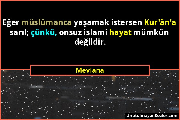 Mevlana - Eğer müslümanca yaşamak istersen Kur'ân'a sarıl; çünkü, onsuz islami hayat mümkün değildir....